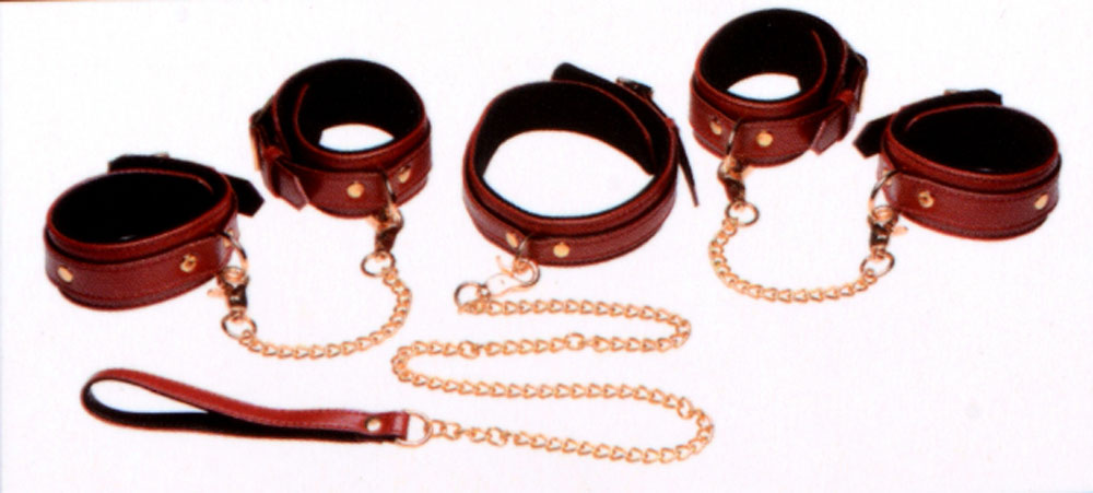 6 Piece Burgundy Bondage Set Burgundy Cuffs, Collar and Leash MS-AG883-BUR