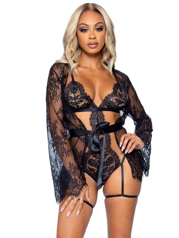 All Romance Lace Teddy and Robe Set - Small - Black LA-86123BLKS