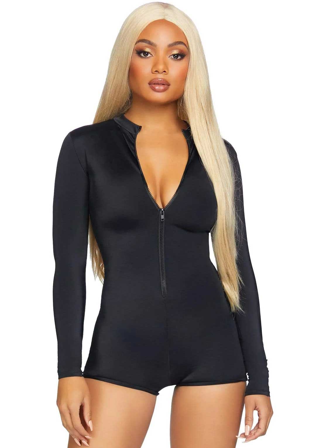 Zipper Front Long Sleeved Matte Romper - Small - Black LA-86869BLKS