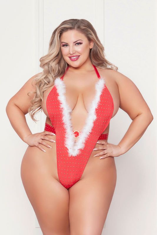 "Rhinestone Studded Mesh Teddy With Marabou Trim -  Queen - Red STM-11465XPRDQ"