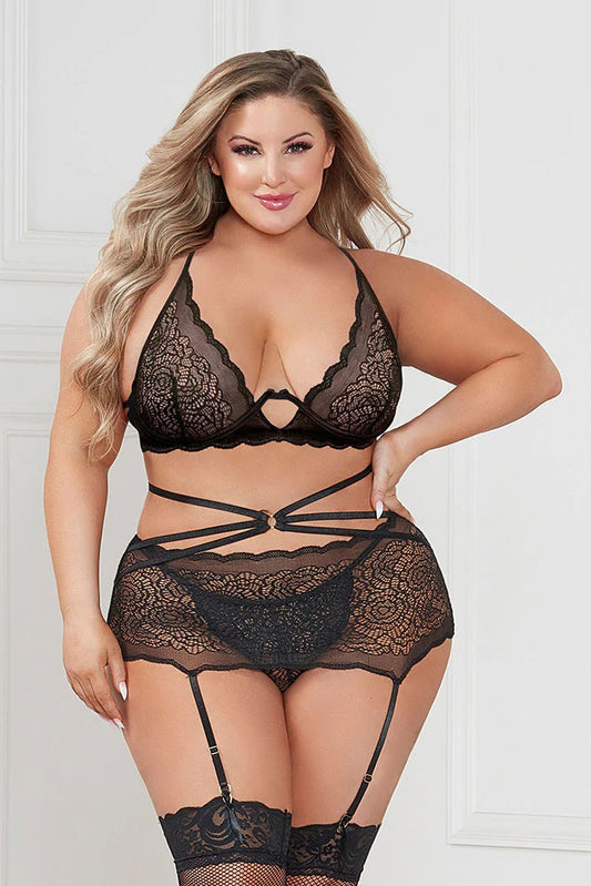 "Three Piece Floral Lace Bra, Skirt, and G-String  Set - Queen - Black STM-11424XPBKQ"