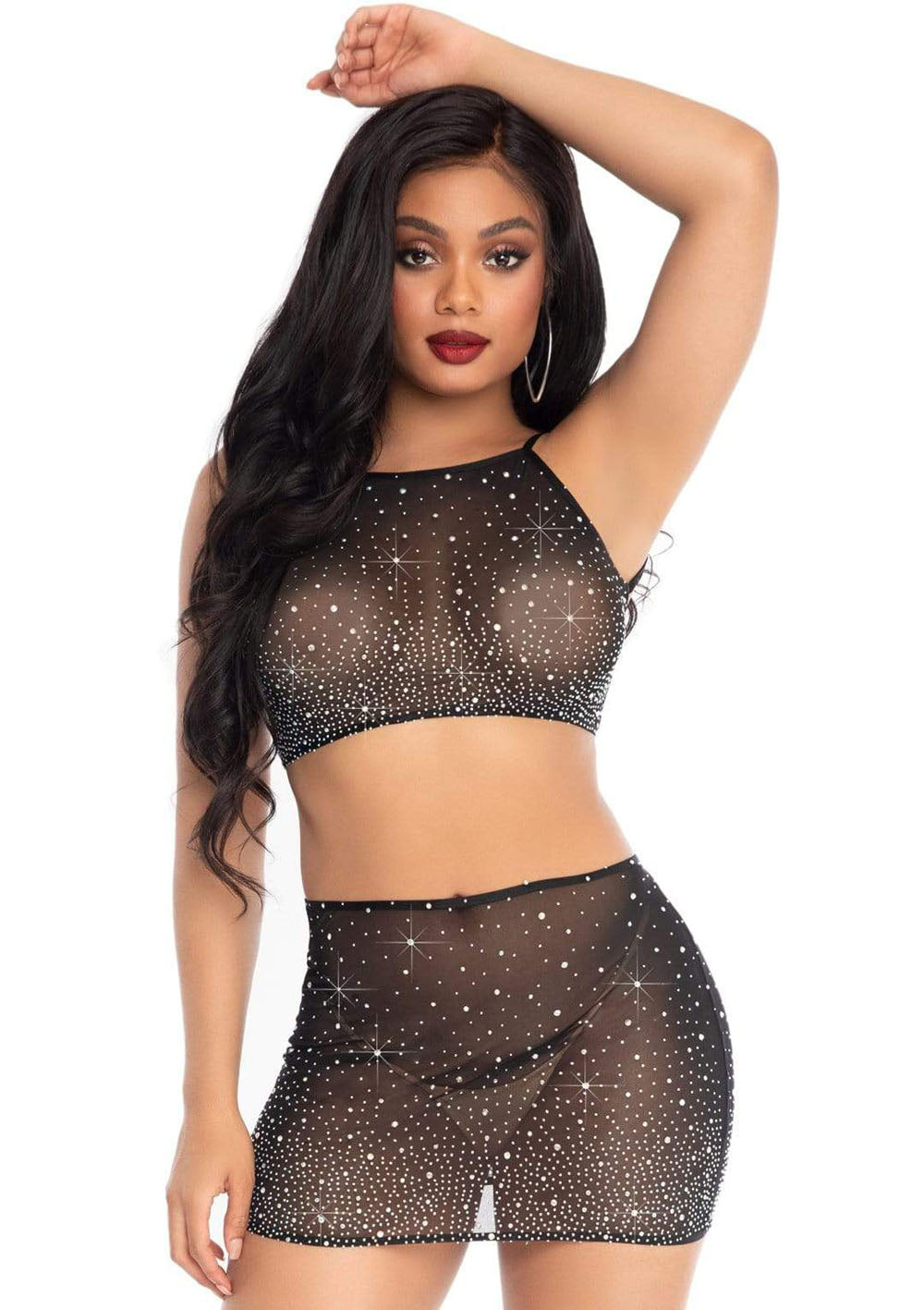 2 Pc Rhinestone Crop Top and Mini Skirt - Black - Medium LA-86152BLKM